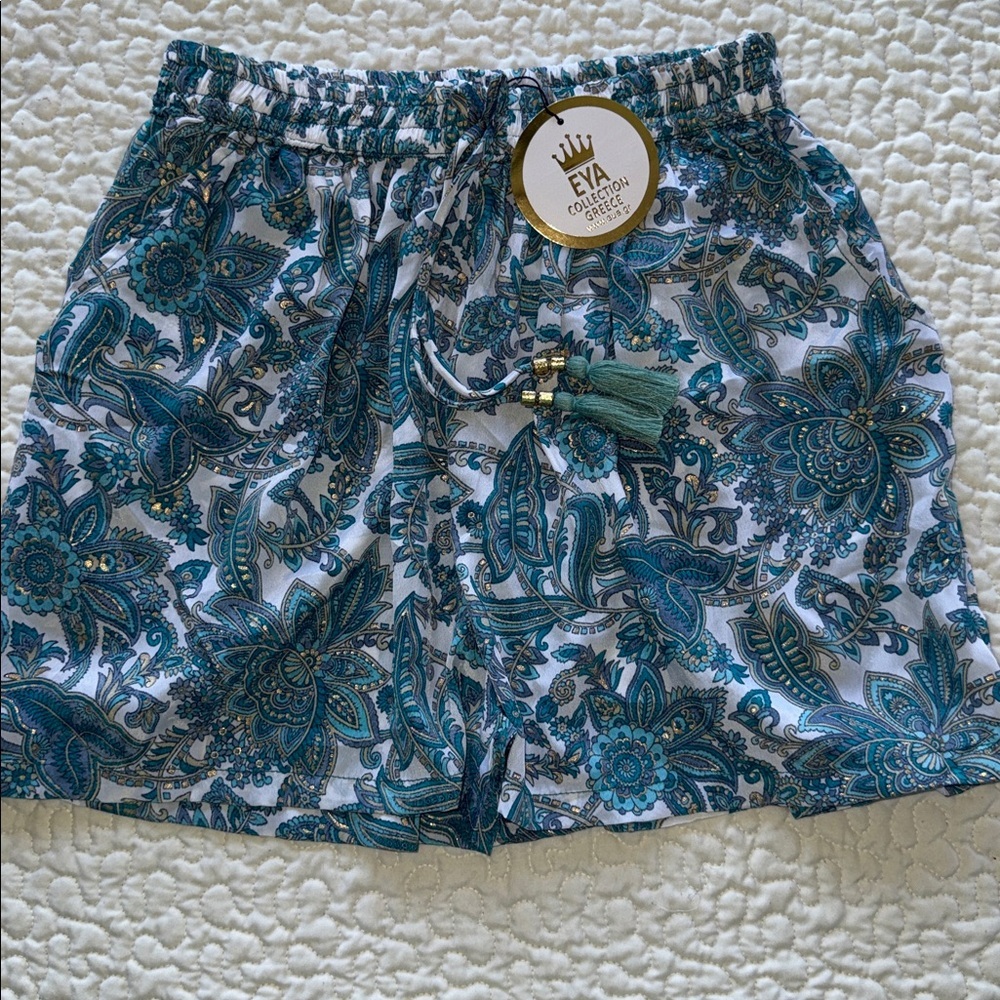 NWT Greece EUA Collection Silk Shorts Teal Floral Paisley Gold Accents One Size